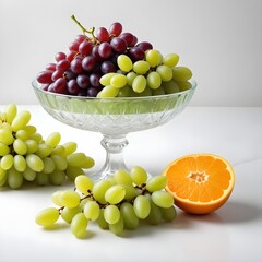 Elegant glass compote dish displaying an assortment of glistening fresh fruits on a simple white surface