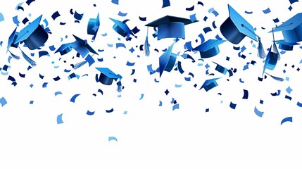 An image featuring blue graduation caps thrown jubilantly into the air amidst cascading confetti, representing academic achievement, celebration, and festive cheer.