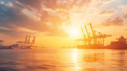 Stunning sunset over an industrial harbor with cranes and ships, reflecting vibrant colors on the calm water surface.