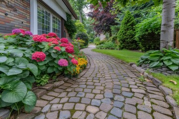 Cobblestone path with blooming hydrangeas and lush greenery leading to a charming garden house