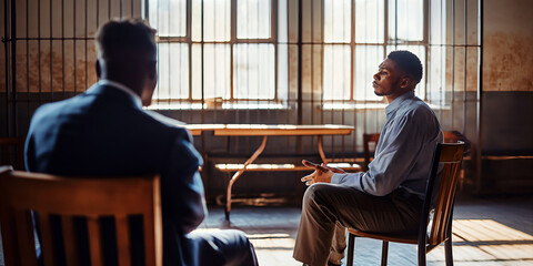 A prison inmate meeting with their defense attorney in a visiting room, discussing legal strategy and next steps.