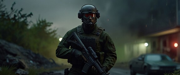 Obraz premium A cyborg soldier fighting in a warzone movie story seen trail cam footage, rear view, wide angle shot, a striking contrast against the soft, blurred background