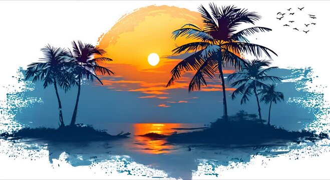 A minimalistic flat illustration of a tropical island with palm trees on the water, an empty space for text, ideal for advertising travel, tourism and beach holidays.