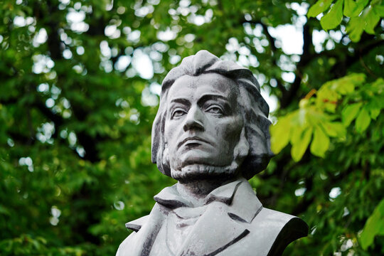 Brest, Belarus. Jul 6, 2023. Adam Mickiewicz bust of famous poet in Brest city. Bust of Mickiewicz. Monument of Adam Mickiewicz was erected in 1965.