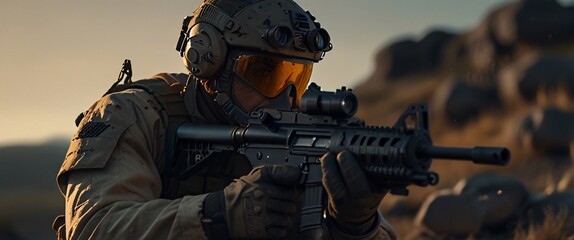 Fototapeta premium A cyborg soldier fighting in a warzone movie story seen trail cam footage, rear view, wide angle shot, a striking contrast against the soft, blurred background