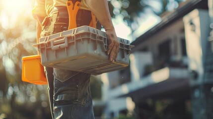 An image of a worker carrying a substantial toolbox and an orange bucket, walking outside of a house, implying readiness for house repair or maintenance work.