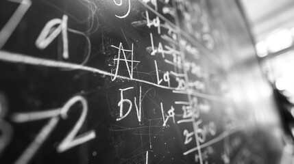 A detailed look at a chalkboard filled with various mathematical notations, symbols, and scribbles showcasing a lively classroom or teaching environment, emphasizing learning.