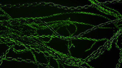 Tangled green chains against a black background.