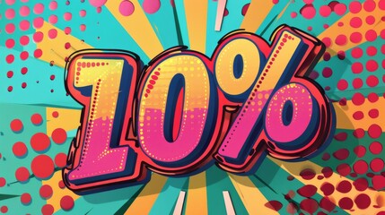 Fototapeta premium Bright comic book style illustration of a 10% sale sign with vibrant colors and dynamic patterns