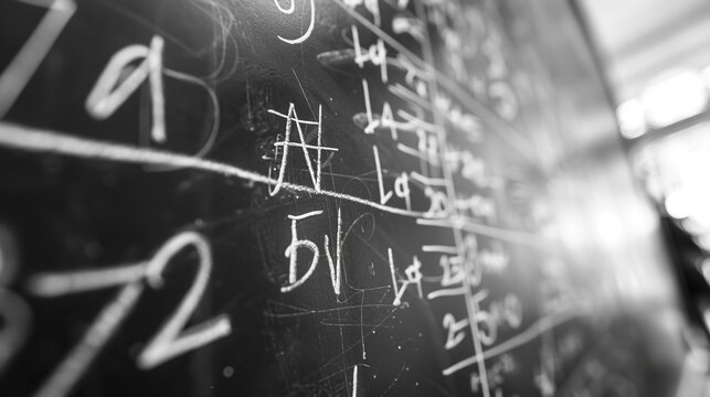 A detailed look at a chalkboard filled with various mathematical notations, symbols, and scribbles showcasing a lively classroom or teaching environment, emphasizing learning.