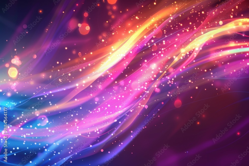 Poster colorful abstract background with dynamic light waves and sparkling particles