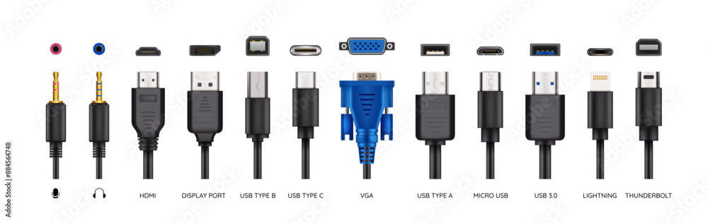 Wall mural usb port. hand drawn mi. computer micro plug. connection jack. lightning charge mini. ethernet icon.