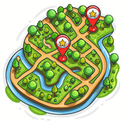 Detailed cartoon map with trees, rivers, and location markers, ideal for travel guides, adventure themes, and children's educational materials