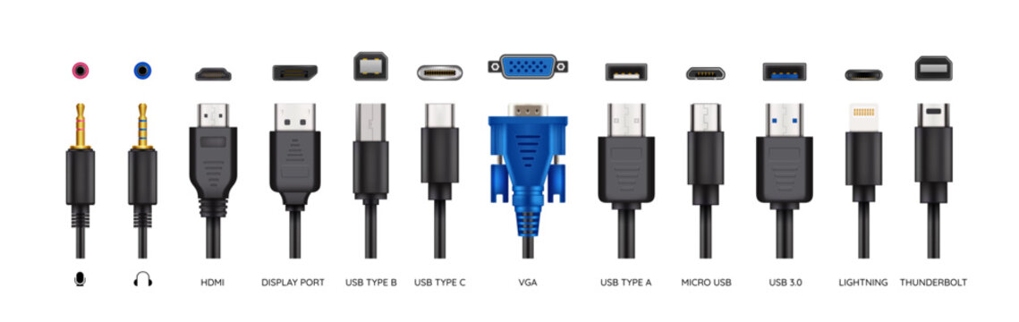 USB port. Hand drawn MI. Computer micro plug. Connection jack. Lightning charge mini. Ethernet icon. 3D phone socket. Mobile wire charger. Electronic hardware. Realistic connector types vector set