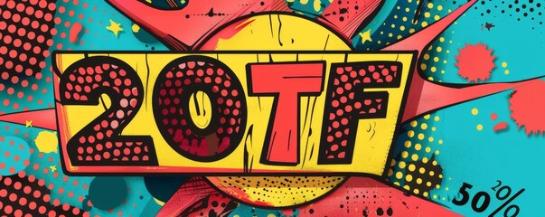 Vibrant comic book style sale sign with bold 20TF text and dynamic pop-art elements