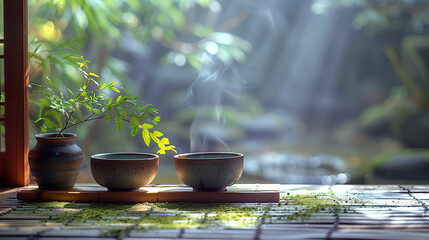 Two steaming cups of green tea served in a softly lit room with a serene, natural backdrop.