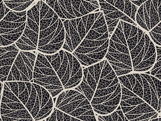 Seamless black and grey floral background with leaves. Hand drawn minimal abstract organic shapes pattern. Vector black abstact pattern with grey leaves.