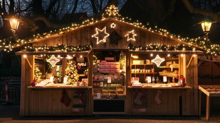 Wooden booths offering souvenirs during Christmas market taking place each year on December.