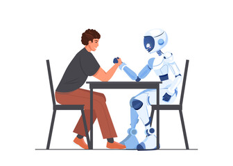 Artificial intelligence vs human. Technologies and competition concept.  Hands of human and robot competing in strength power fighting technologies against humans. For web banner, infographics. 