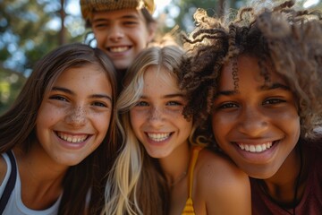 Fototapeta premium Group of smiling friends taking a selfie in a sunny park.