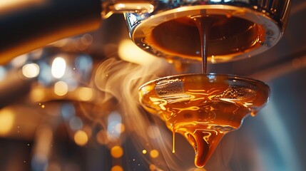 A dynamic close-up image capturing the intense moment of an espresso shot pouring into the portafilter, highlighting the rich crema and the energy of the brewing process.