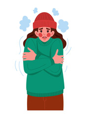 Cold weather. Freezing woman. Girl shivering and suffering from frost. Winter season. Warm outerwear. Low temperature. Unhappy trembling person. Frosty breath steam. Wintertime clothes. Vector concept