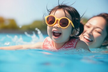 Naklejka premium Happy toddler girl having fun in the swimming pool in summer