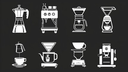 A set of iconic illustrations showcasing eight different coffee brewing methods, highlighting the diversity and artistry in coffee preparation techniques and brewing styles.