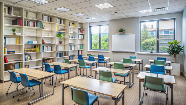 A clean and organized language institute classroom with empty chairs and desks, a whiteboard with English grammar notes, and a few books on shelves.