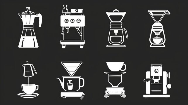 A set of iconic illustrations showcasing eight different coffee brewing methods, highlighting the diversity and artistry in coffee preparation techniques and brewing styles.
