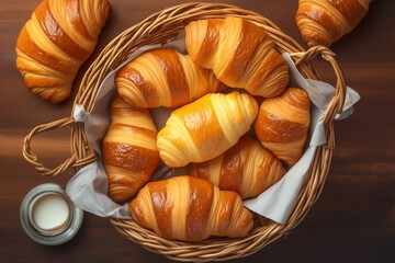 Pile of puffy and tasty croissants in basket
