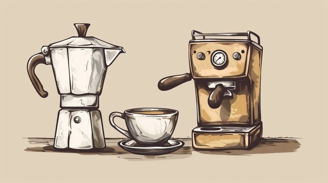 An artistic illustration of an espresso machine and a classic stovetop coffee maker, accompanied by a steaming cup of coffee, ideal for coffee lovers and baristas.