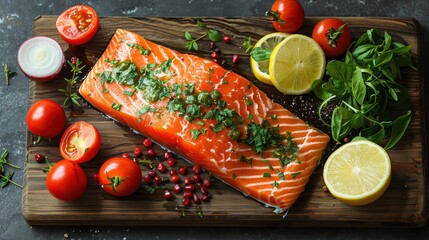 Balanced Food Concept with Fish, Vegetables, and Fruits on Dark Background, Flat Lay Composition Showcasing Healthy Eating with Salmon and Vegetables on Wood Plate

