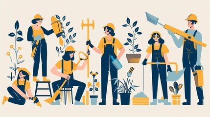 A group of gardeners dressed in overalls and helmets, engaged in various gardening activities such as planting, watering, and trimming plants, with gardening tools and plants around them.
