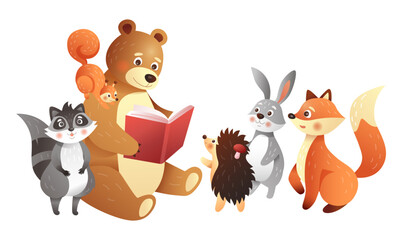 Forest animals. Cartoon characters read book. Cute bear teacher. Hare and raccoon. Wild hare. Clever hedgehog. Squirrel and fox. Wild mammals. Literature library. Friends group. Vector illustration © Natalia