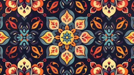 A sophisticated mandala design set against a dark backdrop, featuring warm hues of orange, red, and teal, with highly detailed symmetrical patterns and an elegant visual appeal.