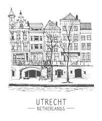 Vector liner sketches architecture of Utrecht, Holland, hand drawing sketch, graphic illustration. Urban sketch in black color isolated on white background. Hand drawn travel postcard. Travel sketch