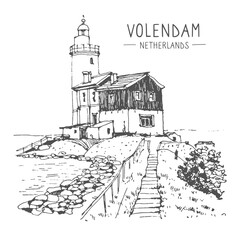 Obraz premium Vector sketch of the lighthouse in Volendam, the Netherlands. Hand-drawn illustration of a lighthouse on the seashore. Urban sketch in black on a white background. A hand-drawn travel postcard. 