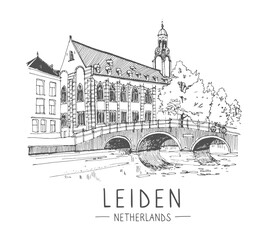 Vector sketch. Liner sketches of Leiden, windmill, Holland, Netherlands hand drawing sketch, graphic illustration. Urban sketch in black color isolated on white background. Hand drawn travel postcard.