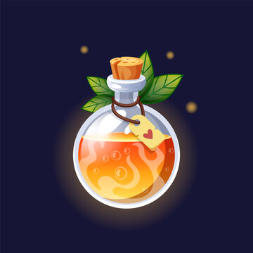 Orange elixir. Magic potion in glass bottle, green leaves. Mystery poisonous liquid in phial. Wizard and witch drink. Game ui icon. Fantasy beverage. Vector isolated on black background illustration