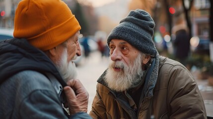 Fototapeta premium A candid photograph capturing two elderly men in beanies and coats, engaged in a lively conversation on a chilly day in an urban setting, showcasing friendship and warmth.