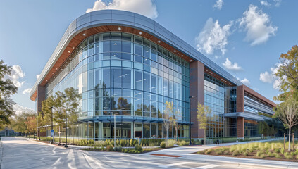 A modern two-story circular gymnasium building with a brick and glass exterior and blue accents.