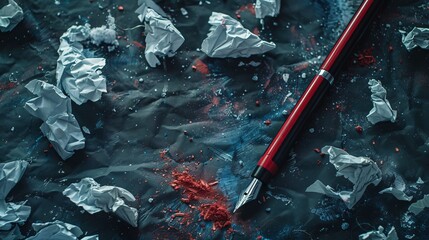 An image showing a red fountain pen placed among crumpled paper on a dark, abstract background with...