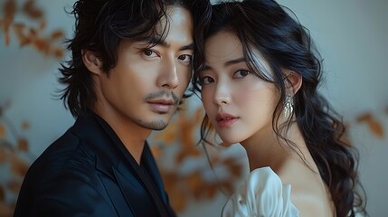  Korean couple like in a Korean drama with a modern man and woman with long beautiful hair 