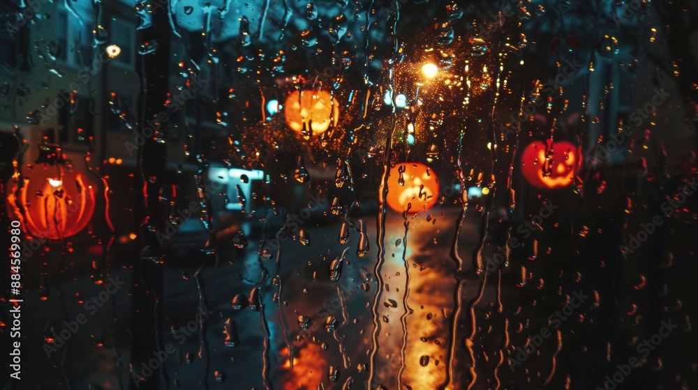 Poster A rain covered window with traffic lights and street lights