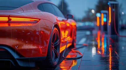 Electric car charging in the rain at night, ideal for electric vehicle promotions and environmental themes