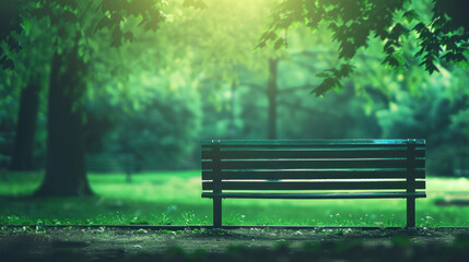 Emerald green park bench and light street simple background. Soft subtle background and copy space for web design and photo frames.