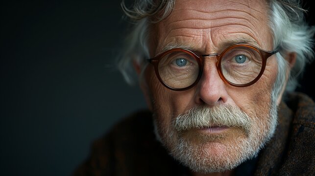 Elderly man with glasses, mustage and gray hair, suitable for portraits and senior lifestyle themes