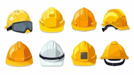 Illustration features various helmets and protective headgear, including different styles and colors, emphasizing the importance of safety and personal protection in workplaces.