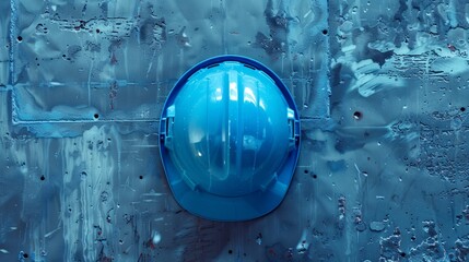 Blue construction helmet resting on a textured concrete wall, showing rugged industrial theme and significance of safety in construction zones. Perfect for safety-driven concepts.